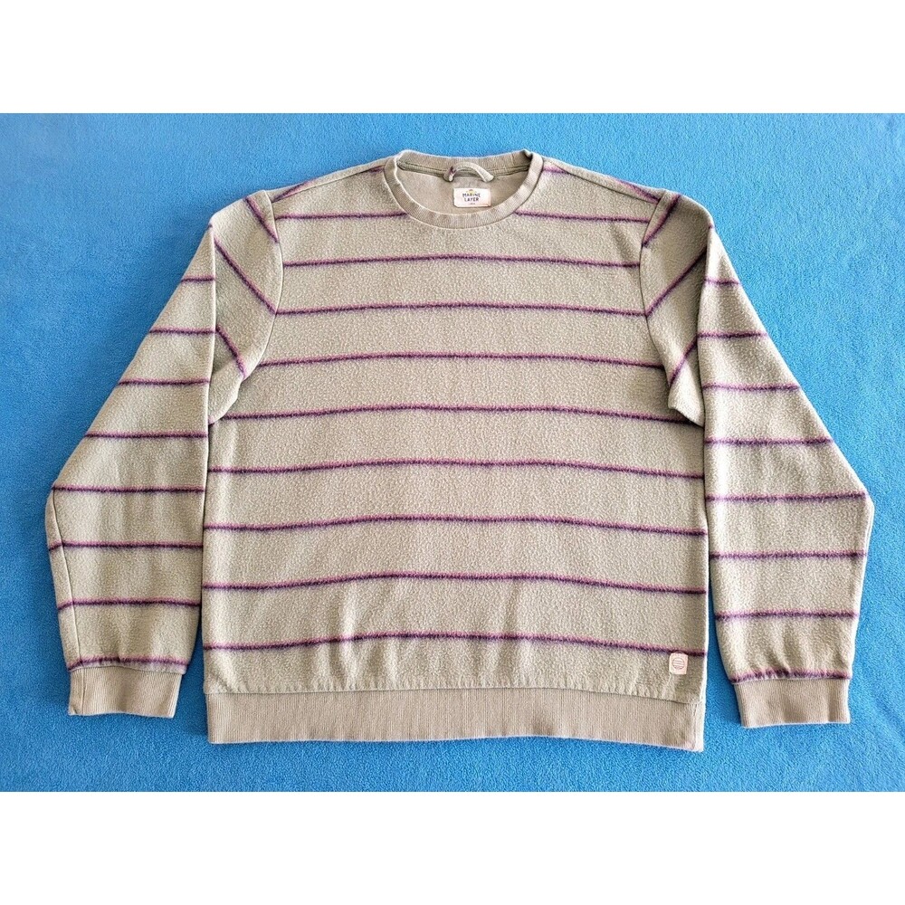 Marine Layer Men's Fleece Crew Sweatshirt Hedge Green Stripe Size L